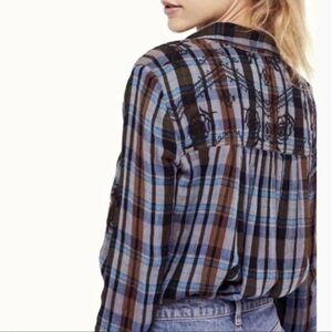 Free people magical plaid western boho floral button up coastal cowgirl shirt M